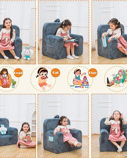 Snuggly-Soft Cuddly Toddler Plush Armchair for Boys and Girls Fuzzy Plush Kids Sofa Couch Reading Chair with Children Friendly Handle for Easy Movement & Double Pockets for Storage, Dark Grey - LeafyLoom