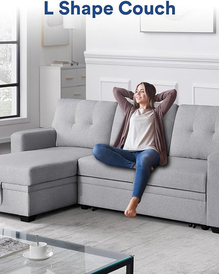 4-in-1 Convertible L Shaped Couch with Pull Out Bed and Storage Sectional Sleeper Sofa with Reversible Chaise for Living Room, Apartment, Bedroom, Office, Silver - LeafyLoom