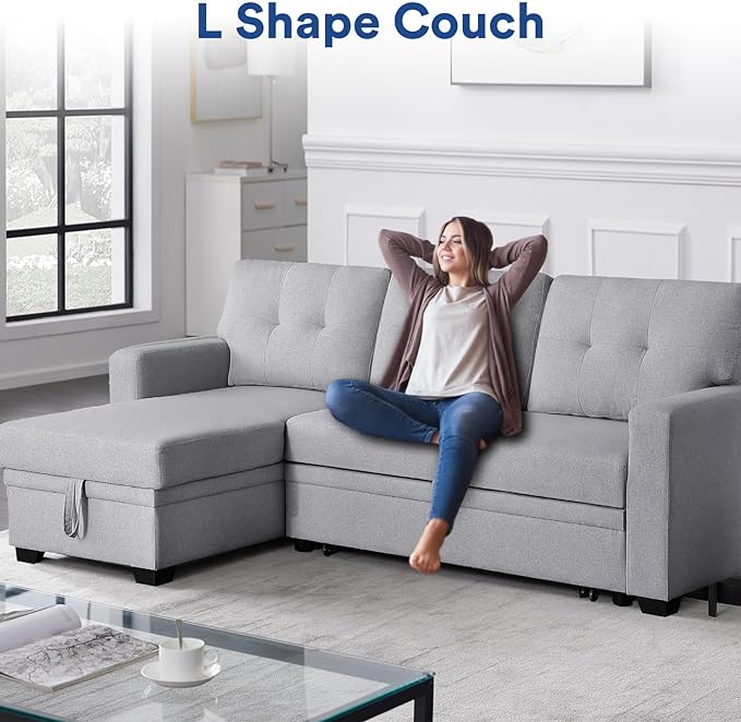 4-in-1 Convertible L Shaped Couch with Pull Out Bed and Storage Sectional Sleeper Sofa with Reversible Chaise for Living Room, Apartment, Bedroom, Office, Silver - LeafyLoom