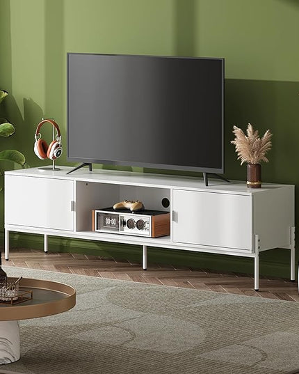 WLIVE Modern TV Stand for 65 Inch TV, Mid Century Entainment Center with Storage, TV Console with Open Shelf and 2 Cabinets for Bedroom and Living Room, TV Cabinet with Metal Legs, White - LeafyLoom