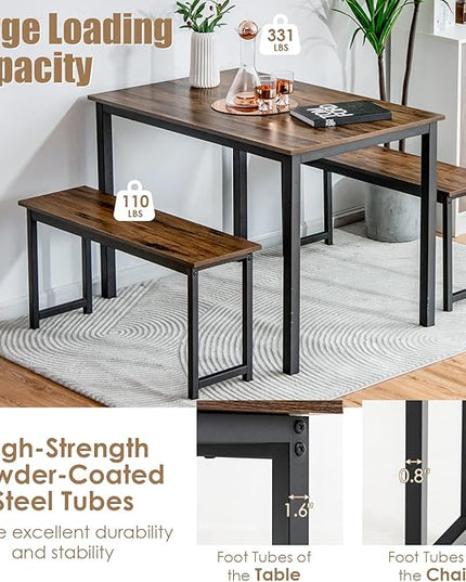 KOTEK Dining Table Set for 4, Modern Kitchen Table Set with 2 Benches, 3 Piece Dining Table and Bench Set for Small Space, 4-Person Dinette Set for Kitchen, Dining Room (Brown) - LeafyLoom