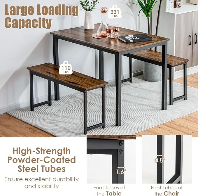 KOTEK Dining Table Set for 4, Modern Kitchen Table Set with 2 Benches, 3 Piece Dining Table and Bench Set for Small Space, 4-Person Dinette Set for Kitchen, Dining Room (Brown) - LeafyLoom