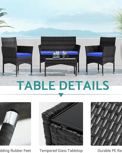 Patio Furniture, 4 Piece Conversation Set, Outdoor Wicker Rattan Table and Chairs, Sectional Sofa with Thick Cushion for Garden, Yard, or Porch, Dark Brown - LeafyLoom