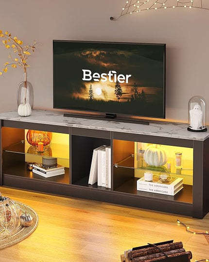 Bestier White Marble TV Stand LED Entertainment Center Gaming TV Stand for 55 Inch TV RGB Television Stand with 2 Adjustable Glass Shelves PS4 Game Console Cabinet for Living Room - LeafyLoom