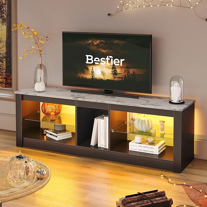 Bestier White Marble TV Stand LED Entertainment Center Gaming TV Stand for 55 Inch TV RGB Television Stand with 2 Adjustable Glass Shelves PS4 Game Console Cabinet for Living Room - LeafyLoom