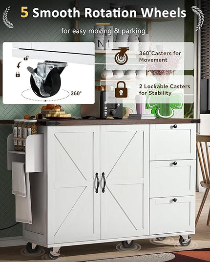 54.5" Farmhouse Island with Power Outlet & Drop Leaf, Rolling Kitchen Cart on Wheels w/Internal Storage, Spice, Towel Rack and Drawers, for Home, Dining Room, White, 54.5 Inch - LeafyLoom