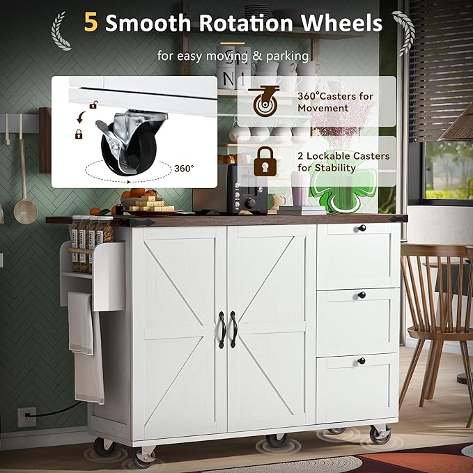 54.5" Farmhouse Island with Power Outlet & Drop Leaf, Rolling Kitchen Cart on Wheels w/Internal Storage, Spice, Towel Rack and Drawers, for Home, Dining Room, White, 54.5 Inch - LeafyLoom