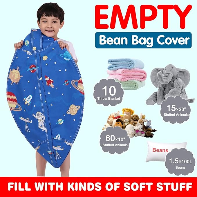 Lukeight Stuffed Animal Storage Bean Bag Chair Cover for Kids, Zipper Beanbag Chair Cover for Organizing Toddler & Kids' Rooms Plush Toys (Outer Space, Large) - LeafyLoom