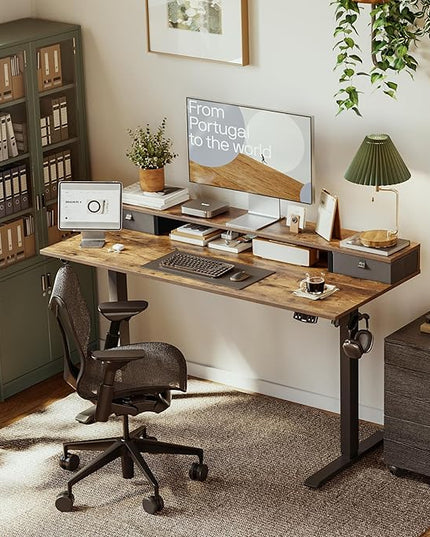 Electric Standing Desk with 2 Drawers, 48 x 24 Inches Height Adjustable Desk, 2 fabric drawers, Rustic Brown - LeafyLoom