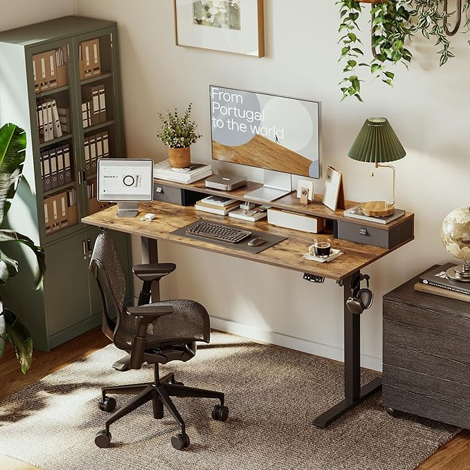 Electric Standing Desk with 2 Drawers, 48 x 24 Inches Height Adjustable Desk, 2 fabric drawers, Rustic Brown - LeafyLoom