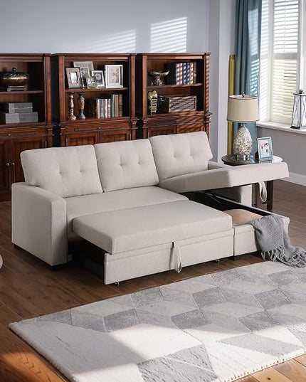 4-in-1 Modular Sofa Bed Convertible Living Room Furniture Sets Upholstered, L Shaped Sectional Comfy Couch with Reversible Storage Chaise for Apartment, Studio, Office, Beige-2 - LeafyLoom