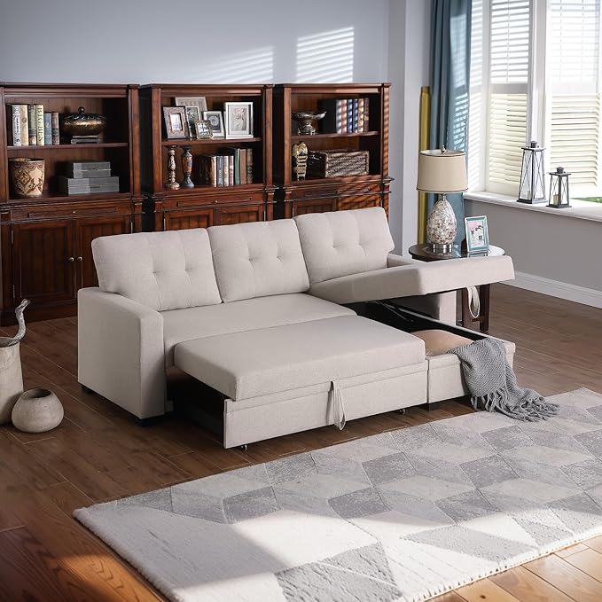 4-in-1 Modular Sofa Bed Convertible Living Room Furniture Sets Upholstered, L Shaped Sectional Comfy Couch with Reversible Storage Chaise for Apartment, Studio, Office, Beige-2 - LeafyLoom