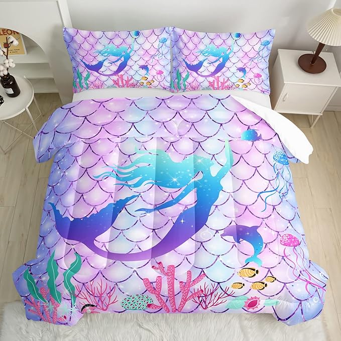 CVHOUSE Mermaid Comforter Set,Rainbow Mermaid Bedding Set for Girls Kids Teens,Rainbow Mermaid Comforter Mermaid Duvet Set Room Decor Quilt Set Twin Size - LeafyLoom