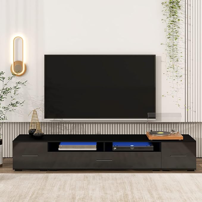 NicBex TV Stand for 90+ Inch TV LED Entertainment Center Media Storage Console Table with High Gloss TV Cabinet and 16-Color RGB LED for Living Room,Bedroom, 82.60 Inch,Black - LeafyLoom
