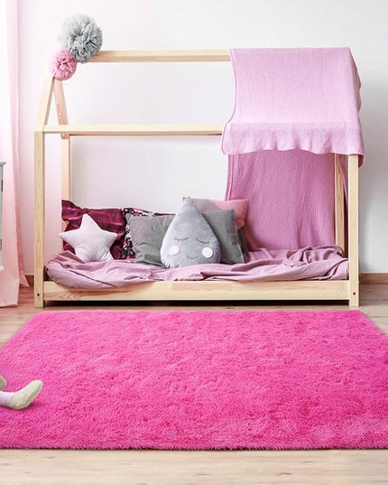Softlife Ultra Soft Fluffy Area Rugs for Bedroom, Girls and Boys Room Kids Room Nursery Rug, 4 x 5.3 Feet Shaggy Fur Indoor Plush Modern Floor Carpet for Living Room Christmas Decor, Hot Pink - LeafyLoom