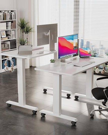 Electric Standing Desk 40 Inch, Ergonomic Height Adjustable Table with T-Shaped Metal Bracket Modern Computer Workstations for Home Office, White - LeafyLoom