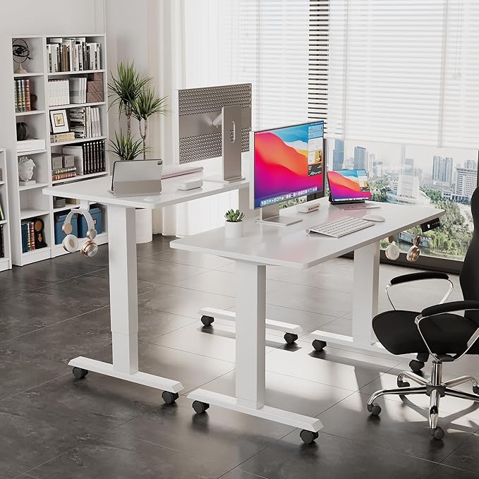Electric Standing Desk 40 Inch, Ergonomic Height Adjustable Table with T-Shaped Metal Bracket Modern Computer Workstations for Home Office, White - LeafyLoom