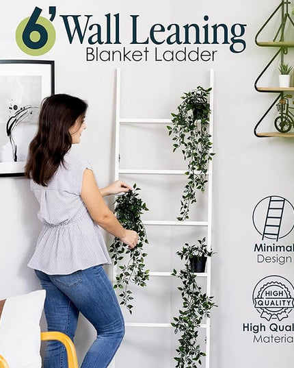 Blanket Ladder for Living Room and Bedroom, 6-Tier Wall Leaning Laminate Snag Free Construction (White) Rustic Decorative Farmhouse Blanket Storage, Quilt Rack, Ladder Shelf, Easy Assembly - LeafyLoom