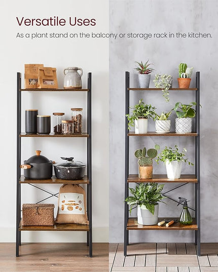 VASAGLE Ladder Shelf, 4-Tier Bookshelf, Storage Rack, Bookcase with Steel Frame, for Living Room, Home Office, Kitchen, Bedroom, Industrial Style, Rustic Brown and Black ULLS44X - LeafyLoom
