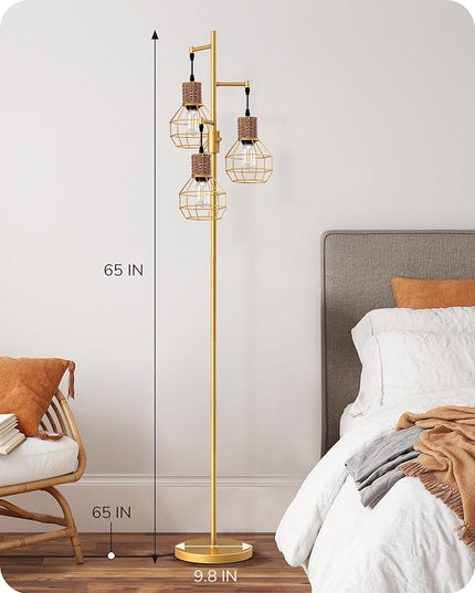 EDISHINE Dimmable Farmhouse Floor Lamp for Living Room, Industrial Standing Lamp with 3 LED Edison Bulbs, Corner Rustic Rattan Tall Tree Reading Lamps Home Decor for Bedroom, Office, Gold - LeafyLoom