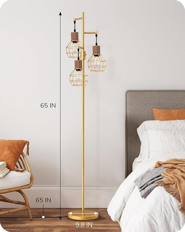 EDISHINE Dimmable Farmhouse Floor Lamp for Living Room, Industrial Standing Lamp with 3 LED Edison Bulbs, Corner Rustic Rattan Tall Tree Reading Lamps Home Decor for Bedroom, Office, Gold - LeafyLoom