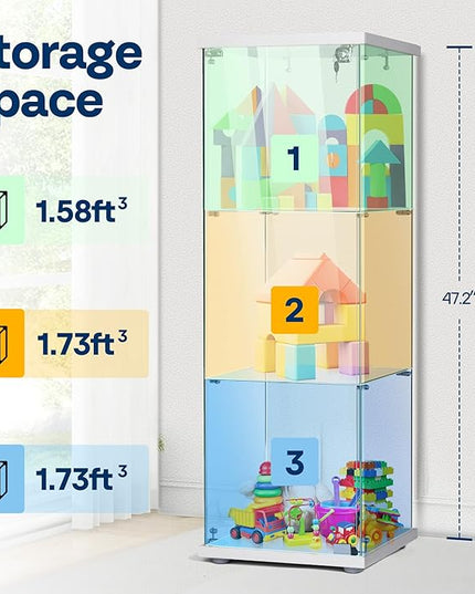 VIVOHOME 3 Layers 15.7''W x 15.7''D x 47.2''H Glass Display Cabinet Countertop Showcase with Lock, 5mm Tempered Glass 25mm MDF Base - LeafyLoom