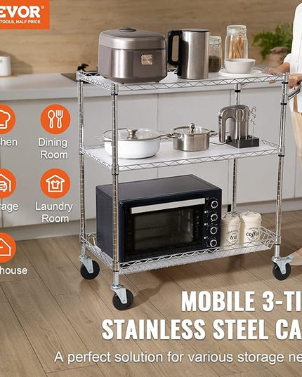 VEVOR Kitchen Utility Cart, 3 Tiers, Wire Rolling Cart with 661 LBS Capacity, Steel Service Cart on Wheels, Metal Storage Trolley with 80 mm Deep Basket Curved Handle PP Liner 6 Hooks, NSF Listed - LeafyLoom