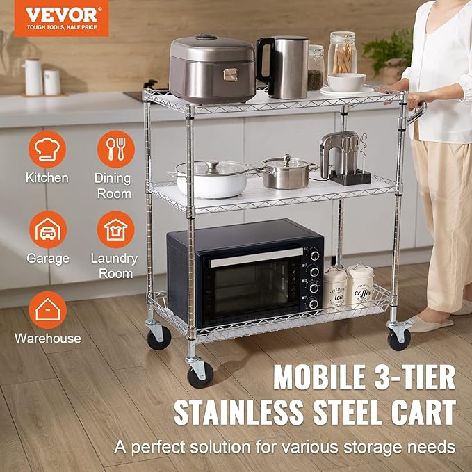 VEVOR Kitchen Utility Cart, 3 Tiers, Wire Rolling Cart with 661 LBS Capacity, Steel Service Cart on Wheels, Metal Storage Trolley with 80 mm Deep Basket Curved Handle PP Liner 6 Hooks, NSF Listed - LeafyLoom