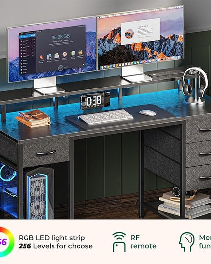 47 inch Computer Desk with 4 Drawers, Gaming Desk with LED Lights & Power Outlets, Home Office Desk with Large Storage Space for Bedroom, Work from Home, Black - LeafyLoom