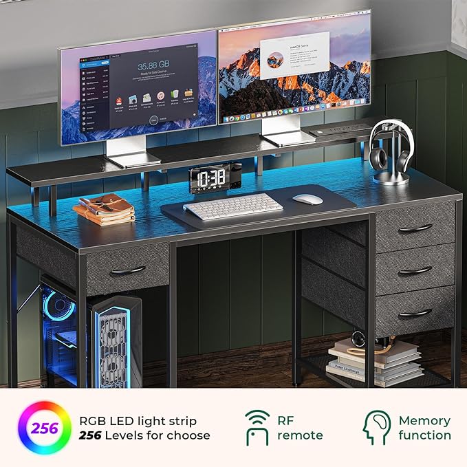 47 inch Computer Desk with 4 Drawers, Gaming Desk with LED Lights & Power Outlets, Home Office Desk with Large Storage Space for Bedroom, Work from Home, Black - LeafyLoom