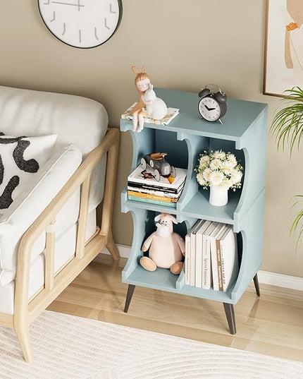 Bookcase 4 Cube Bookshelf,Blue Open Cube Small Book shelf Circle Arc Storage Shelf Display Cabinet Organizer,2 Tiers Modern Wooden Bookcase with Cubby Storage for Living Room,Bedroom,Office - LeafyLoom