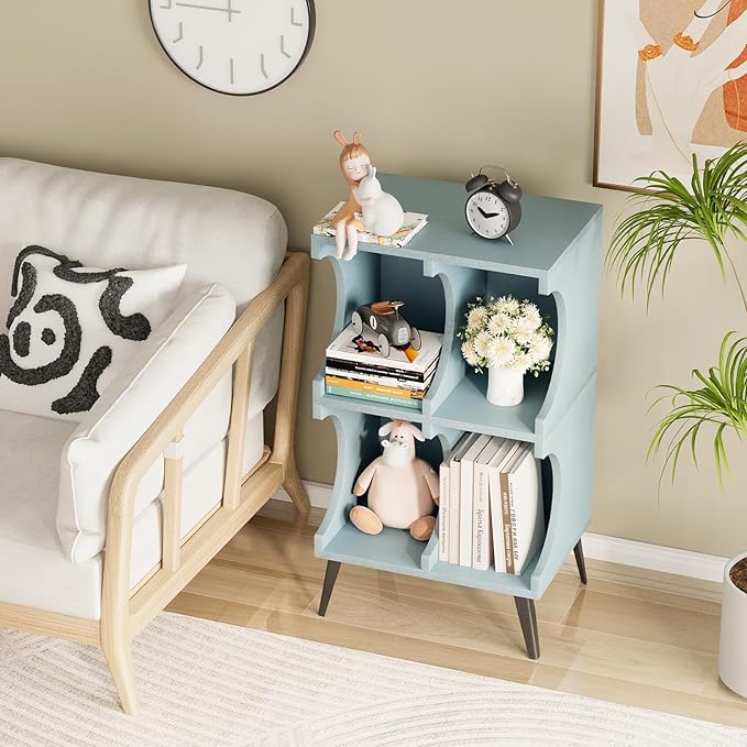 Bookcase 4 Cube Bookshelf,Blue Open Cube Small Book shelf Circle Arc Storage Shelf Display Cabinet Organizer,2 Tiers Modern Wooden Bookcase with Cubby Storage for Living Room,Bedroom,Office - LeafyLoom