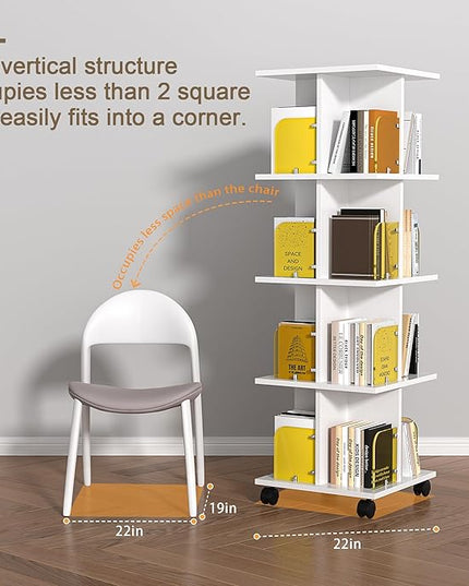 VECELO 4 Tier Rotating Bookshelf,360° Corner Display Shelf with Wheels, Book Storage with Acrylic Windows for Home Office, Living Room, Study Room, Bedroom, Small Footprint Large Capacity, White - LeafyLoom