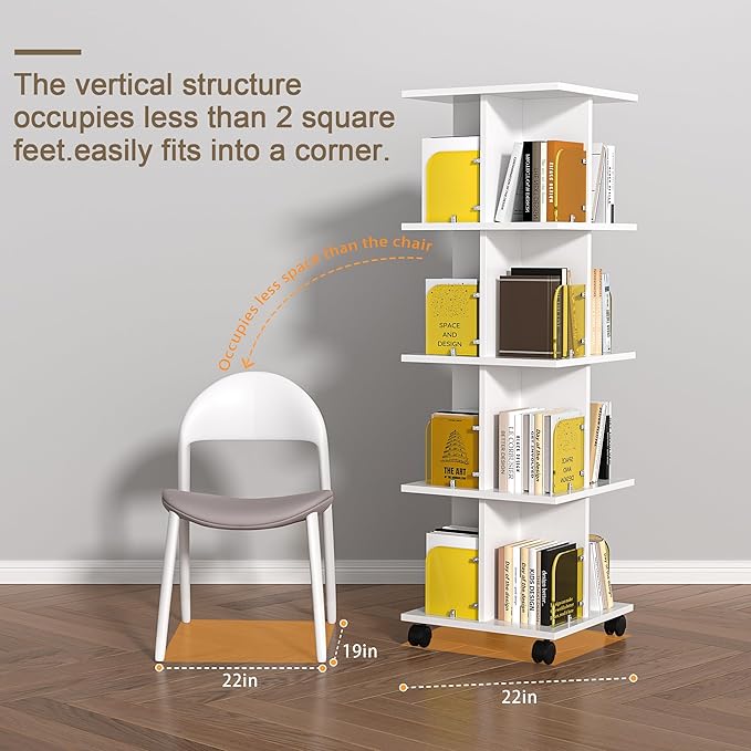 VECELO 4 Tier Rotating Bookshelf,360° Corner Display Shelf with Wheels, Book Storage with Acrylic Windows for Home Office, Living Room, Study Room, Bedroom, Small Footprint Large Capacity, White - LeafyLoom