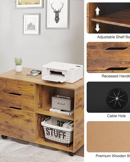 Sweetcrispy 3-Drawer File Cabinet, Lateral Mobile Filing Cabinet Wood Under Desk Storage Organizer with Wheels, Printer Stand & Open Shelves for Home Office Organization - Rustic Brown - LeafyLoom