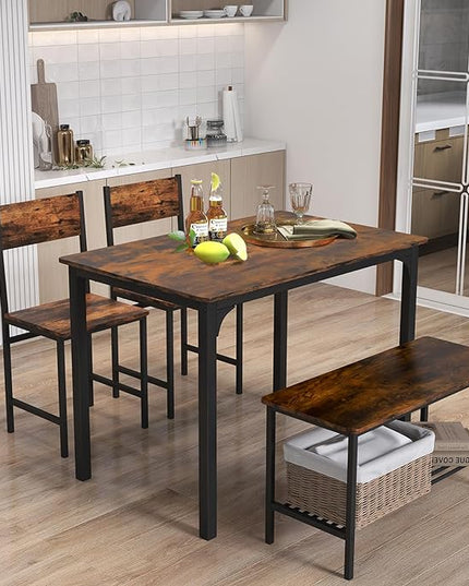 Moccha Dining Table Set for 4, Wooden Kitchen Table with with 2 Chairs and a Long Bench, Modern 4-Piece Dinette with Metal Frame & Storage Rack, Space-Saving Table Set for Dining Room, Rustic Brown - LeafyLoom