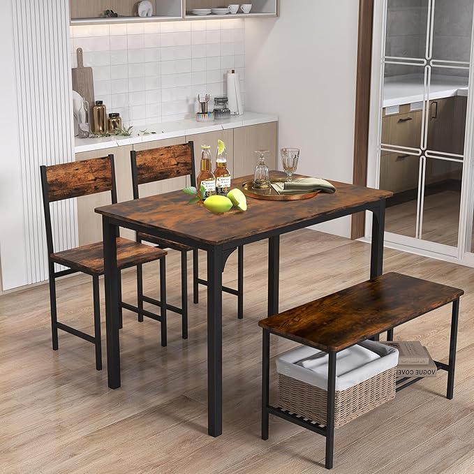 Moccha Dining Table Set for 4, Wooden Kitchen Table with with 2 Chairs and a Long Bench, Modern 4-Piece Dinette with Metal Frame & Storage Rack, Space-Saving Table Set for Dining Room, Rustic Brown - LeafyLoom