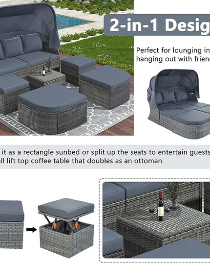 Rectangle Furniture Daybed Sunbed with Retractable Canopy, Outdoor Wicker Conversation Set with Cushions for Patio, Backyard, Porch, Garden, Hc-Gray - LeafyLoom