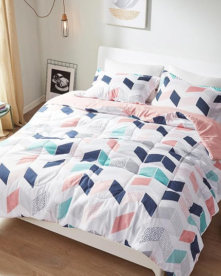 Comfort Spaces Kylar Cozy Comforter Set, Vibrant Chevron Ruching Design with Solid Reverse, All Season Down Alternative Bedding with Matching Sham, Full/Queen (88 in x 92 in), Multi/Blush 3 Piece - LeafyLoom