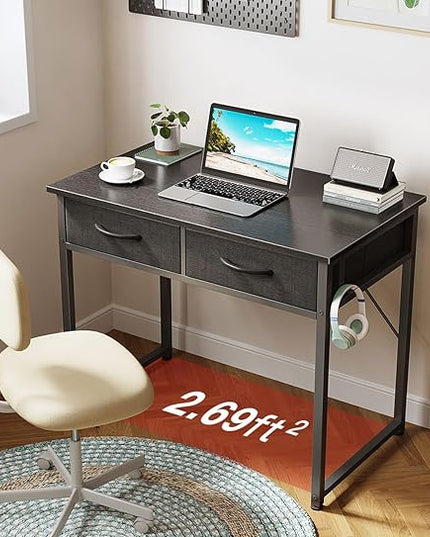 ODK Small Desk with Fabric Drawers- for Bedroom, White Study Desk with Storage, Home Office Computer Desk for Small Spaces, 32 Inch Modern Work Writing Kids Table, Black - LeafyLoom