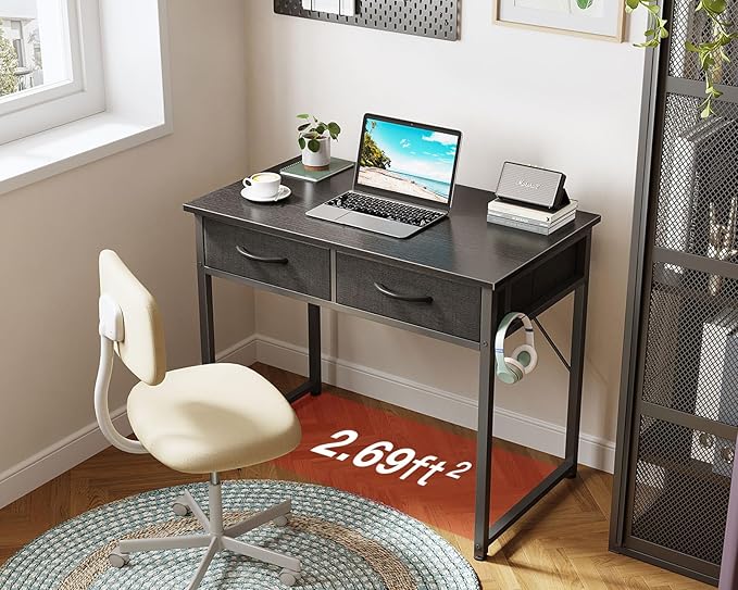 ODK Small Desk with Fabric Drawers- for Bedroom, White Study Desk with Storage, Home Office Computer Desk for Small Spaces, 32 Inch Modern Work Writing Kids Table, Black - LeafyLoom