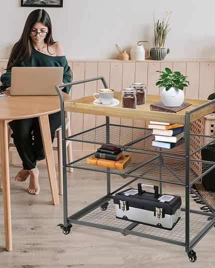 Vipush Kitchen Serving Cart, 4-Tier Kitchen Utility Cart on Wheels with Storage for Living Room, Wood Look Accent Furniture with Metal - LeafyLoom