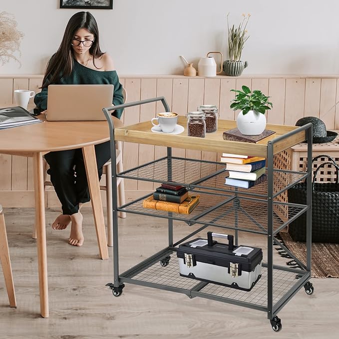 Vipush Kitchen Serving Cart, 4-Tier Kitchen Utility Cart on Wheels with Storage for Living Room, Wood Look Accent Furniture with Metal - LeafyLoom