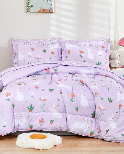 Mooreeke Bed in a Bag for Kids Girls Teens, 7 Pieces Full Size Comforter Bed Set with Shams, Sheet Set, Rabbit Purple Super Soft Microfiber Kids Comforter Bedding Set - LeafyLoom