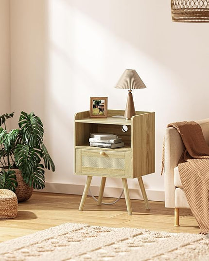 SUPERJARE Nightstand with Charging Station & Rattan-Like Decor Drawer, Rattan End Table with Solid Wood Feet, Bed Side Table with Open Storage, for Bedroom, Living Room, Dormitory - Natural - LeafyLoom