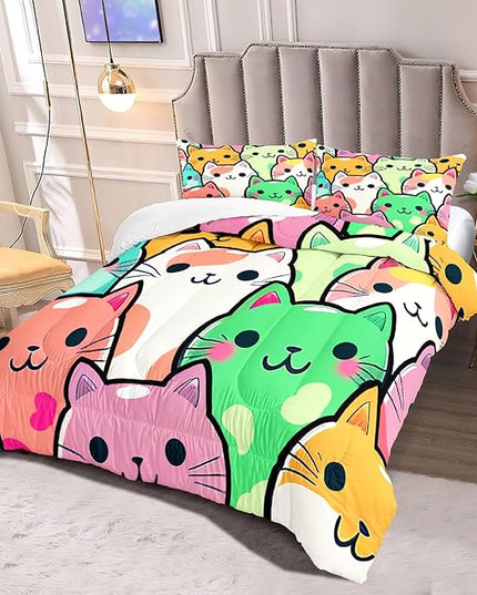 Cat Bedding Queen Size - Cat Comforter Set for Kids Girls Cartoon Cat Bedding Set Room Decor Teens Queen Comforter Sets for Girls, 1 Comforter+2 Pillowcases - LeafyLoom