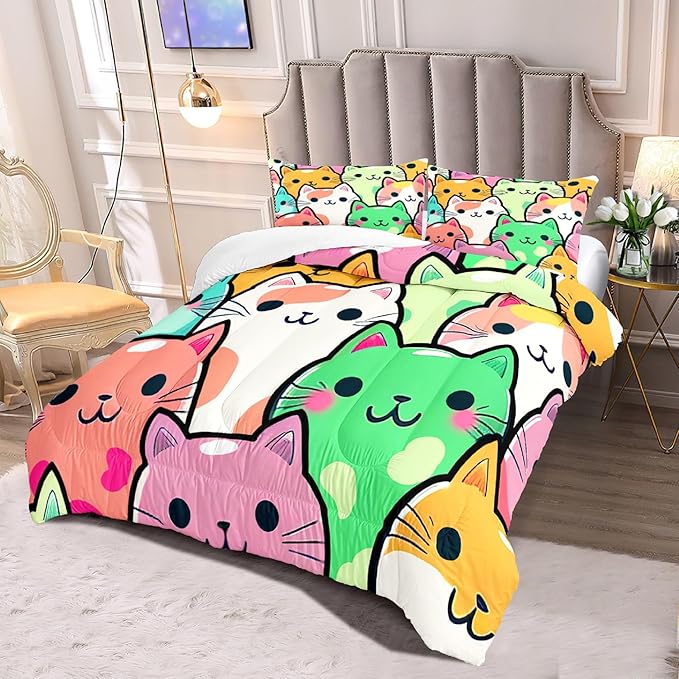 Cat Bedding Set - Full Size Comforter, 2 Pillowcases for Girls, Soft Breathable Polyester, Machine Washable, Cat Themed Bedding for Kids Room Decor, Birthday & Holiday Gift - LeafyLoom