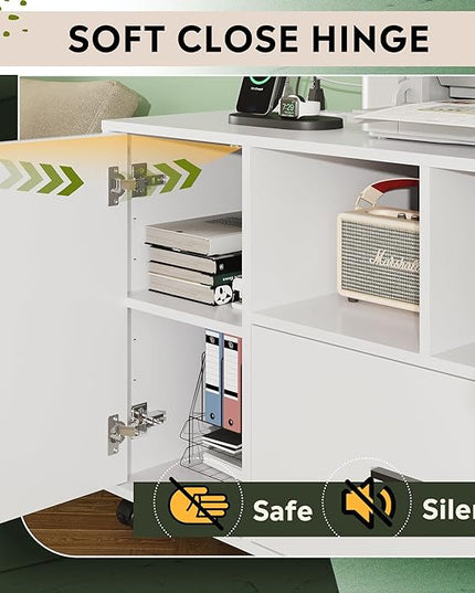 DEVAISE File Cabinet with Charging Station, 1-Drawer Lateral File Cabinets with lock for home office, Wooden Rolling Printer Stand with Shelves, White - LeafyLoom