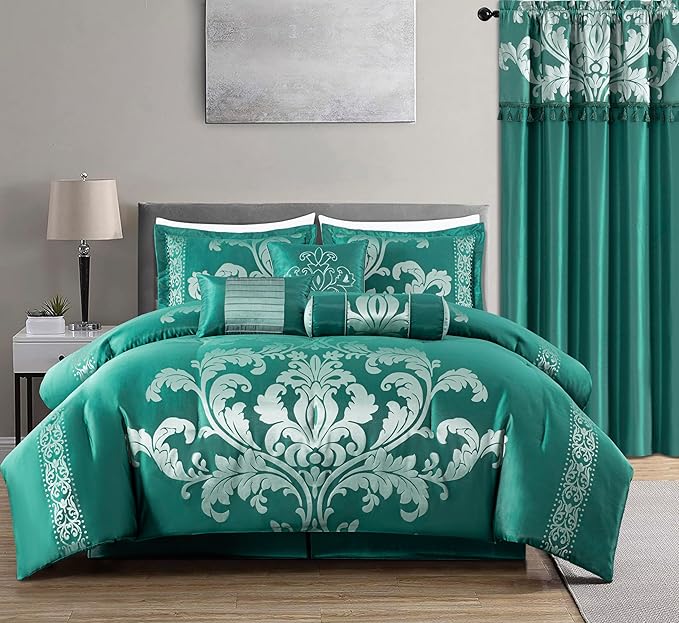 Chezmoi Collection 7-Piece Jacquard Floral Comforter Set (Queen, Green/Silver) - LeafyLoom