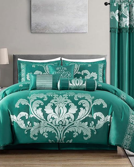 Chezmoi Collection 7-Piece Jacquard Floral Comforter Set (California King, Green/Silver) - LeafyLoom